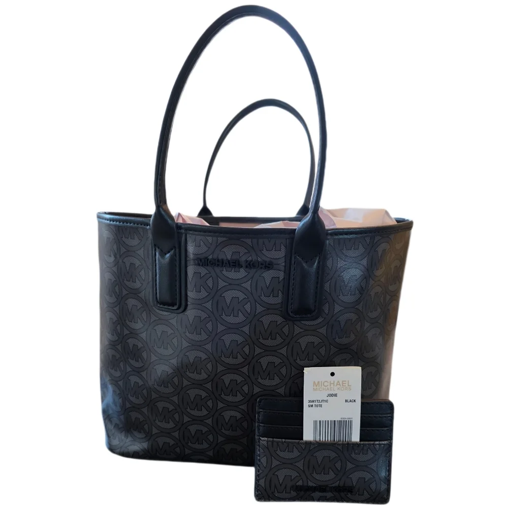 MICHAEL KORS Jodie Small Logo Set Tote Bag Black W-Matching Card Case Wallet NWT - Picture 1 of 10